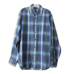 Bugatchi Blue Plaid Flip Cuff Long Sleeve Shirt L Classic Fit